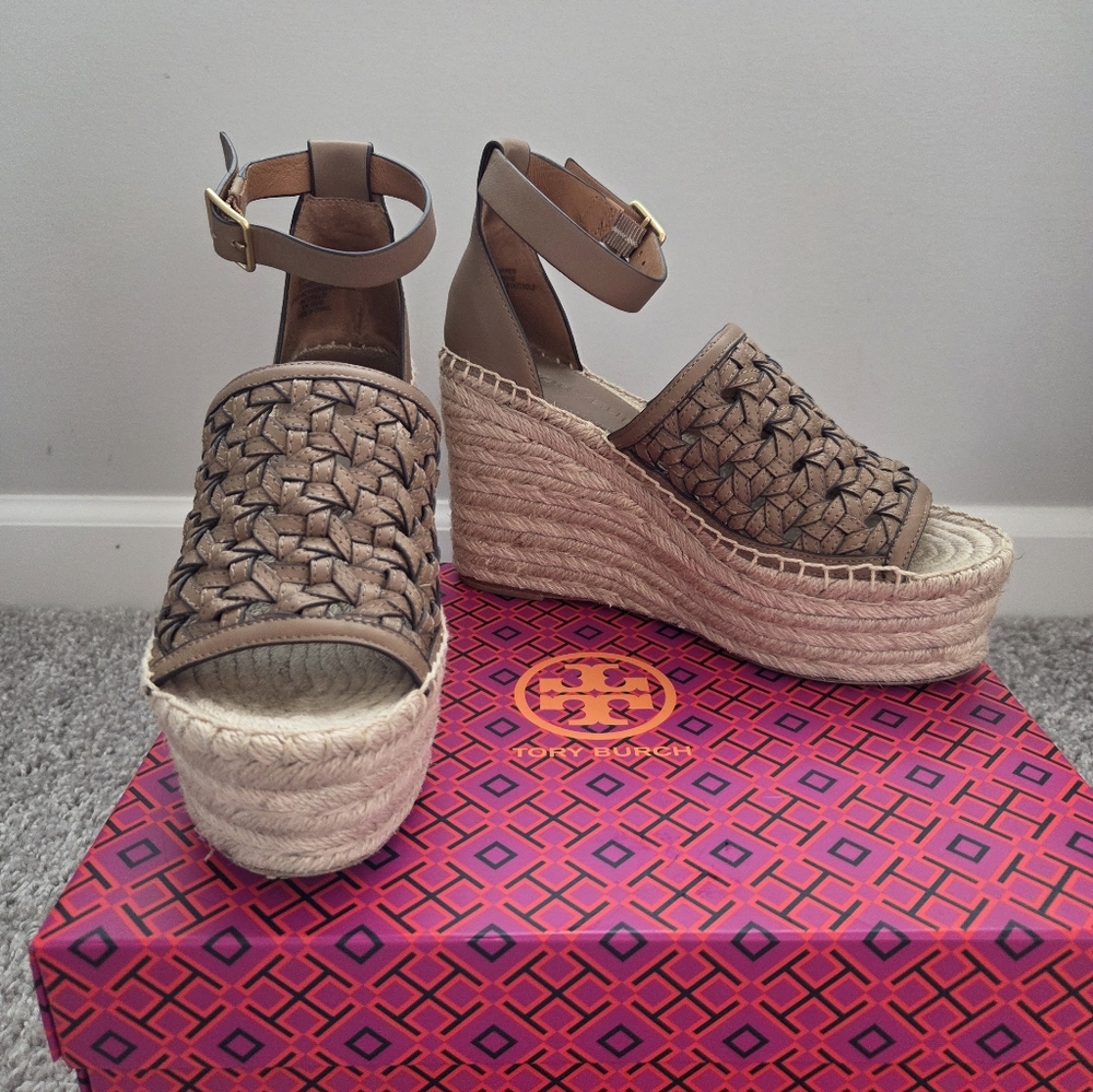 Tory Burch Basketweave Espadrille Wedge With Vachetta Leather Size 6
